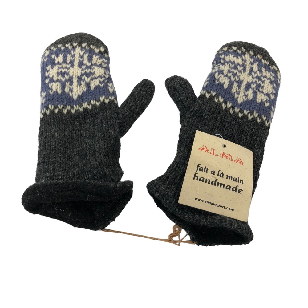 100% Lamb Wool Unisex Handmade Fleece Lined Snowflakes Winter Ski Mittens - Picture 3 of 9